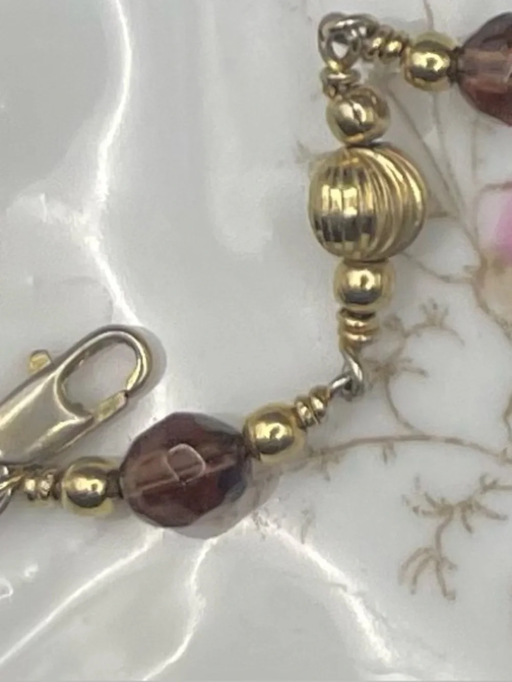 Vintage Gold tone Amber Brown Beaded Station Bracelet 7 1/2